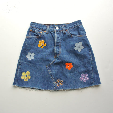 Reworked vintage Levi's denim skirt flower power patches