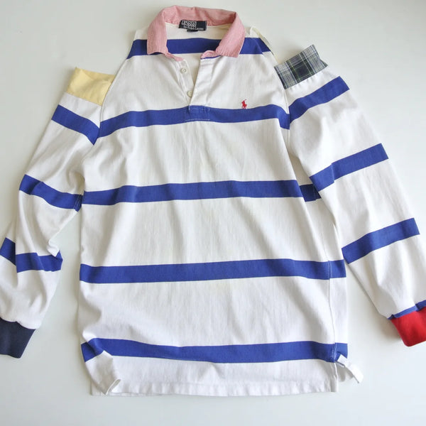 Reworked Polo open shoulder rugby shirt blue stripe