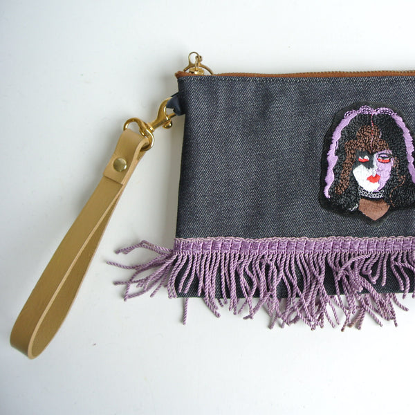 Dead stock denim clutch purse x vintage KISS patch purple