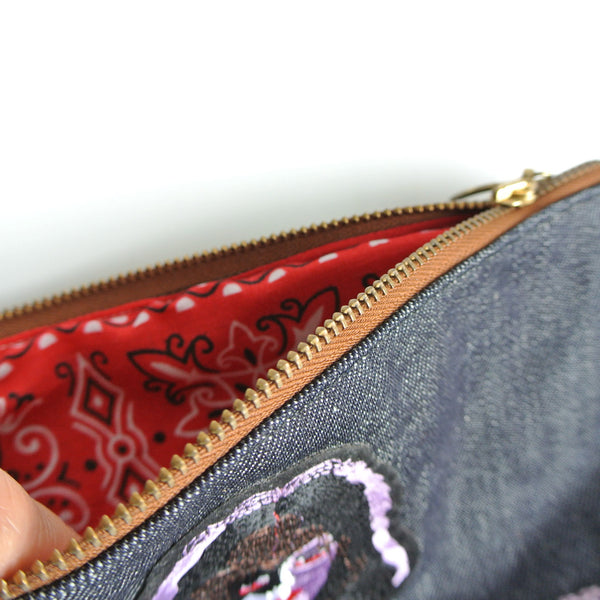 Dead stock denim clutch purse x vintage KISS patch purple