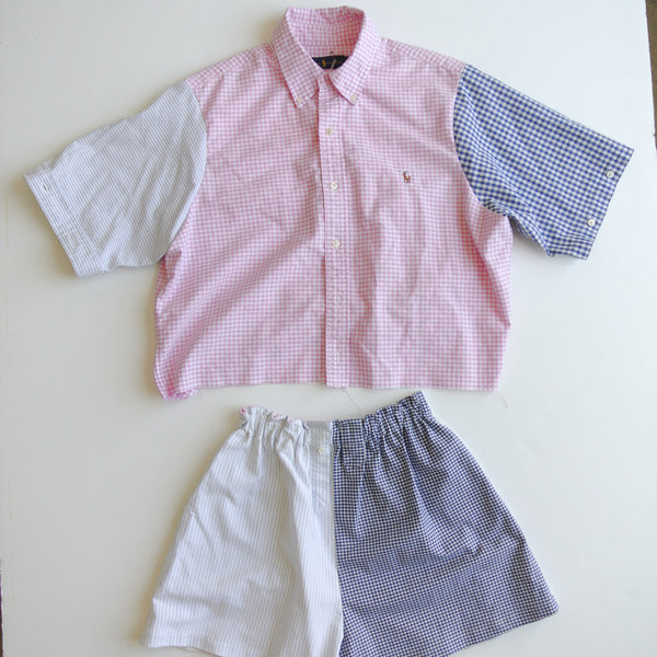 Reworked polo cropped shirt + boxer shorts set pink gingham