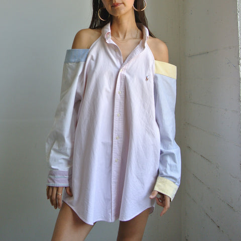 Reworked Polo open shoulder shirt baby pink stripe