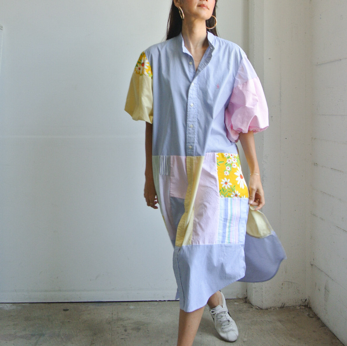 Reworked Polo puff sleeve dress blue gingham plaid