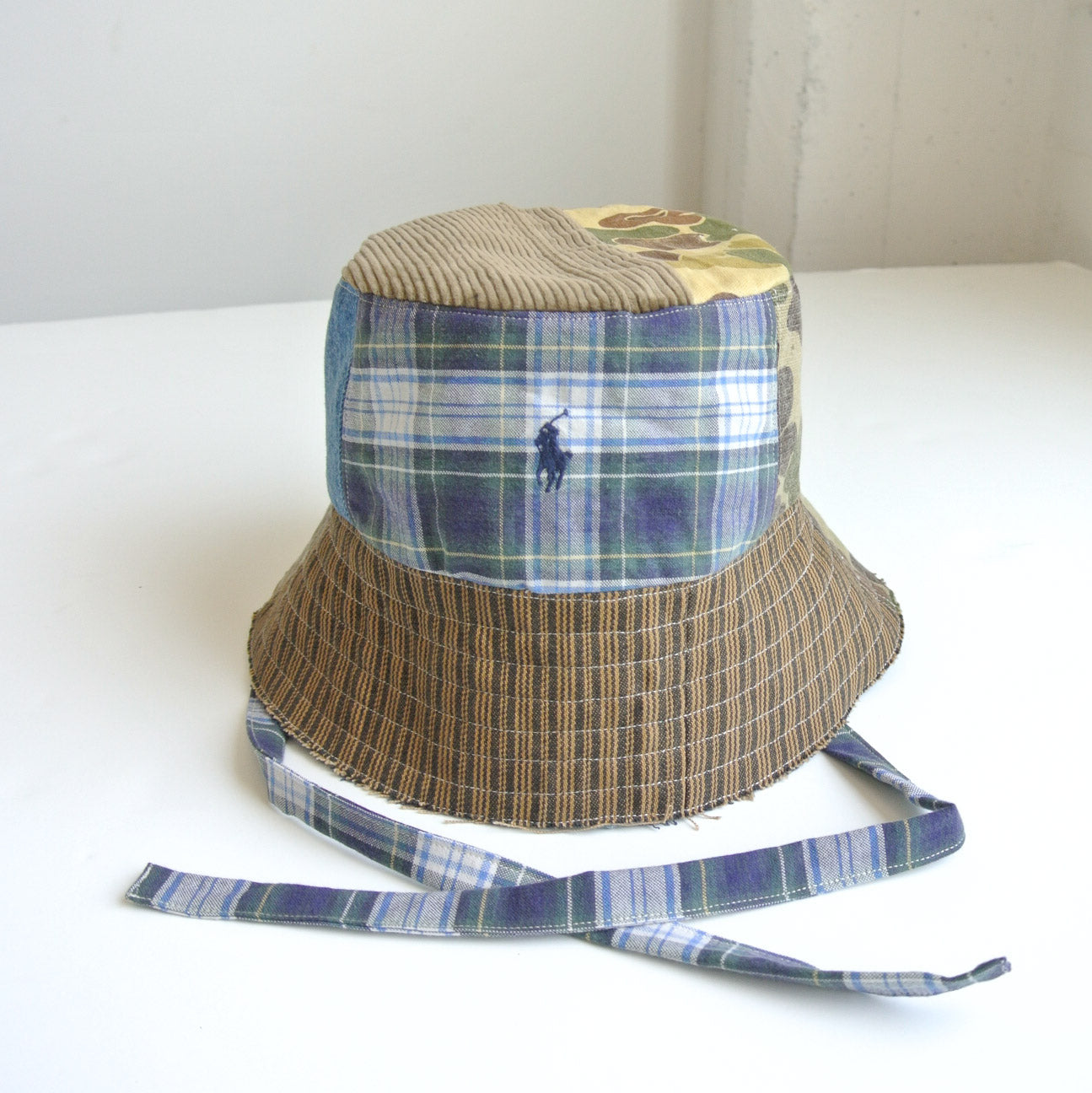 Reworked Polo bucket hat strap plaid camo medium