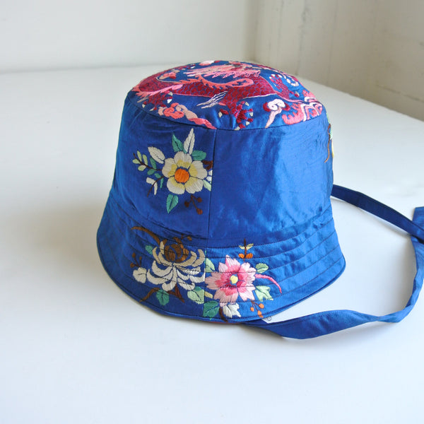 Reworked bucket hat strap 1940s silk embroidery small