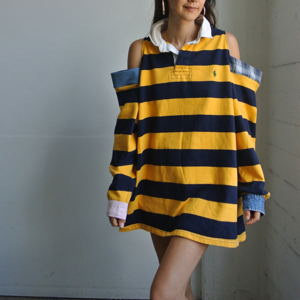 Reworked Polo open shoulder rugby yellow x navy stripe