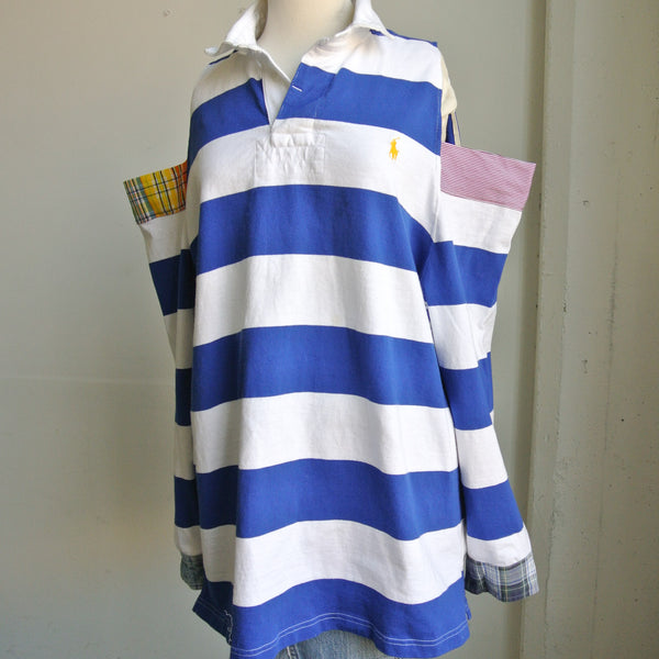 Reworked Polo open shoulder rugby white x royal blue stripe