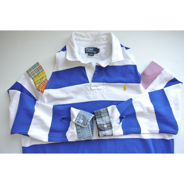 Reworked Polo open shoulder rugby white x royal blue stripe