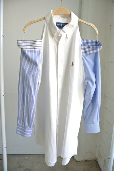 Reworked Polo exposed shoulder shirt white x blue