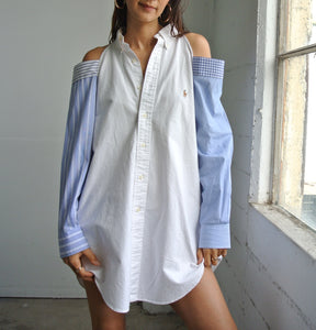 Reworked Polo exposed shoulder shirt white x blue