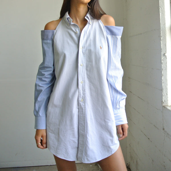 Reworked Polo exposed shoulder shirt blue stripe