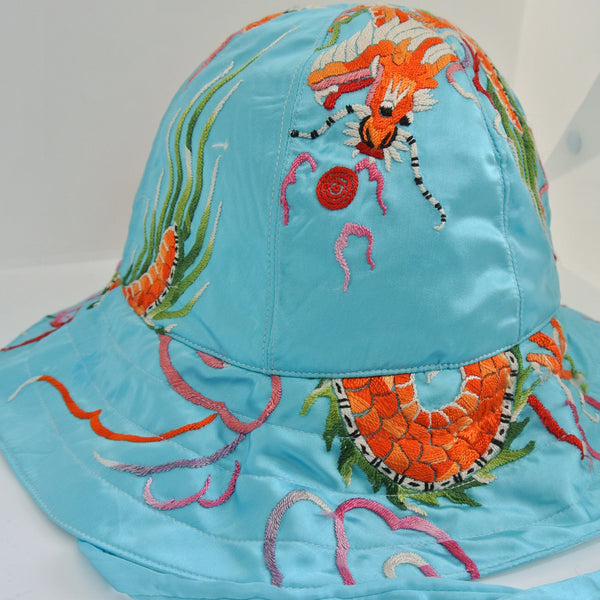 Reworked tulip hat dragon embroidered blue Medium